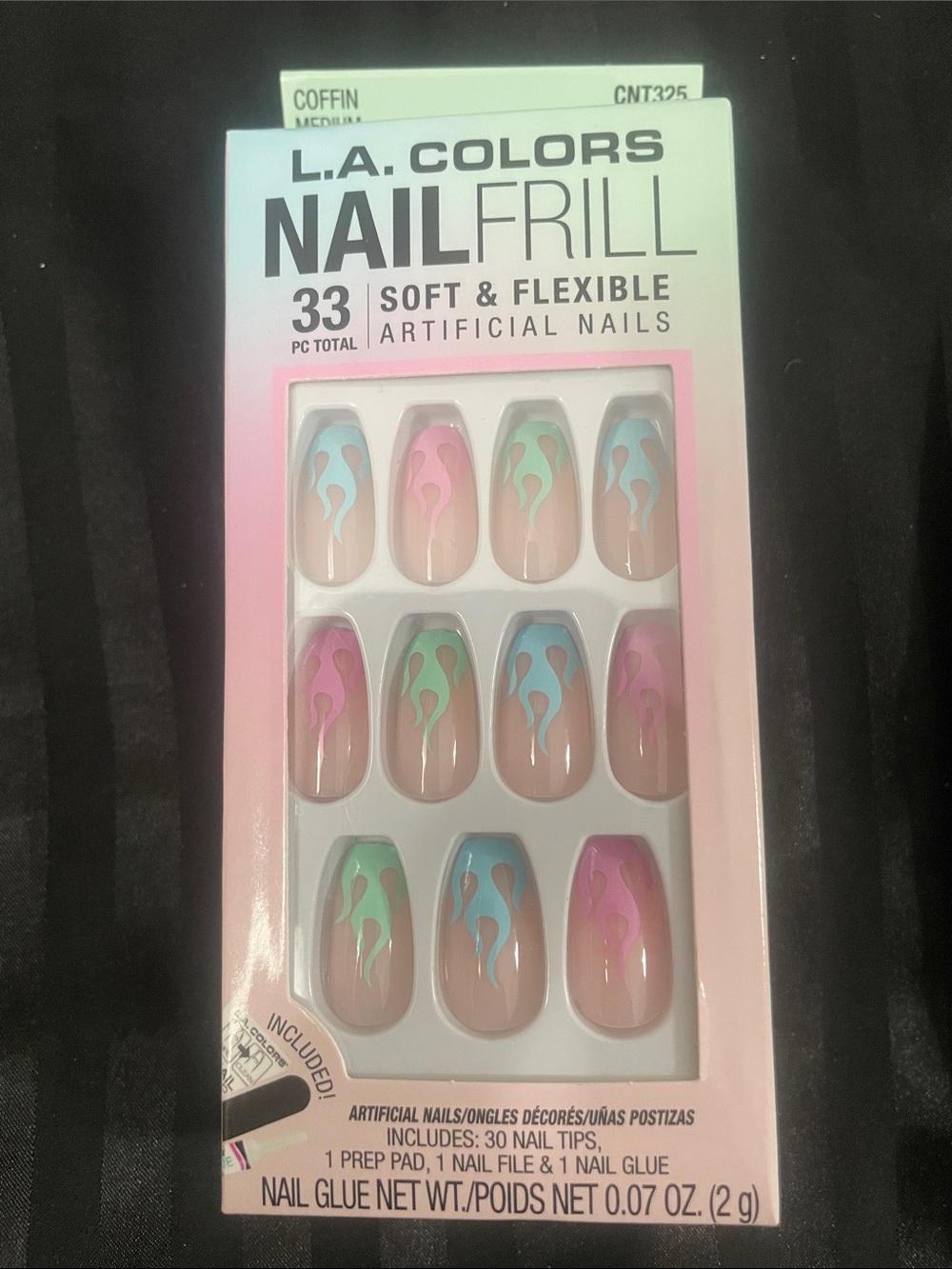 L.A. COLORS Press-On Nails in Nude with Pastel Pink, Green & Blue Flame Design